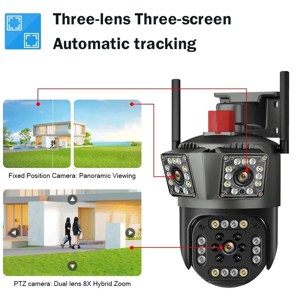 Legendsafe 12MP HD 6K WIFI IP Camera Outdoor Auto Tracking  PTZ Three Lens Three Screen Waterproofwifi security Video Camera