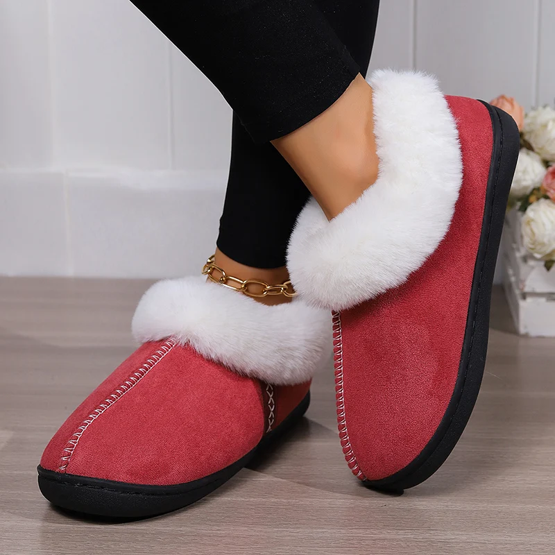 Rimocy Indoor Home Fluffy Slippers Women Winter Warm Plush Suede Fur Shoes for Women Classic Cozy Padded Slippers House Shoes