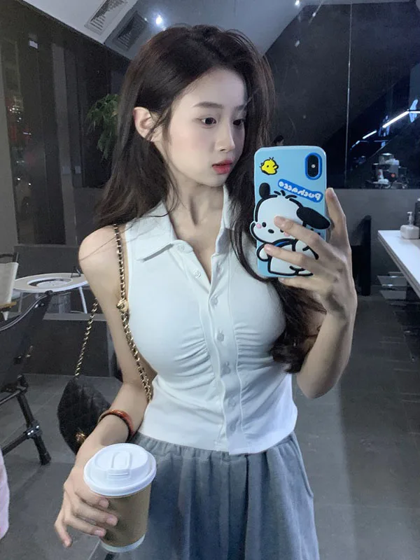 Korean Sle Solid All-Match Polo Collar Sleeveless Vest Women Summer 2024 New Slim fit Slimming Base Cardigan Top