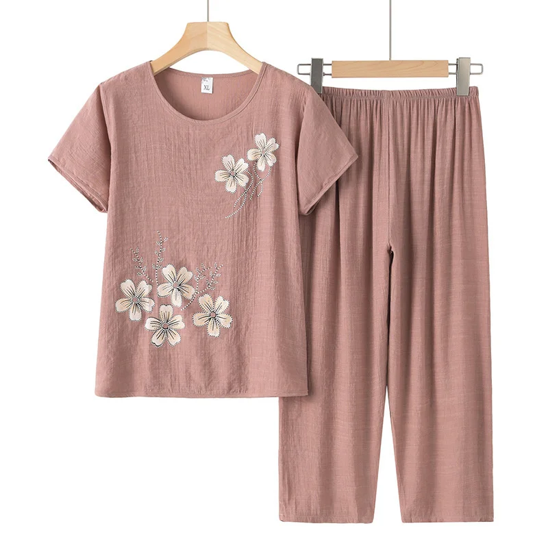 Middle-Aged Elderly Women Two-piece Suit Summer Thin Casual Sets Short Sleeve Tees Tops Elastic Waist Straight Pants Loose Sets