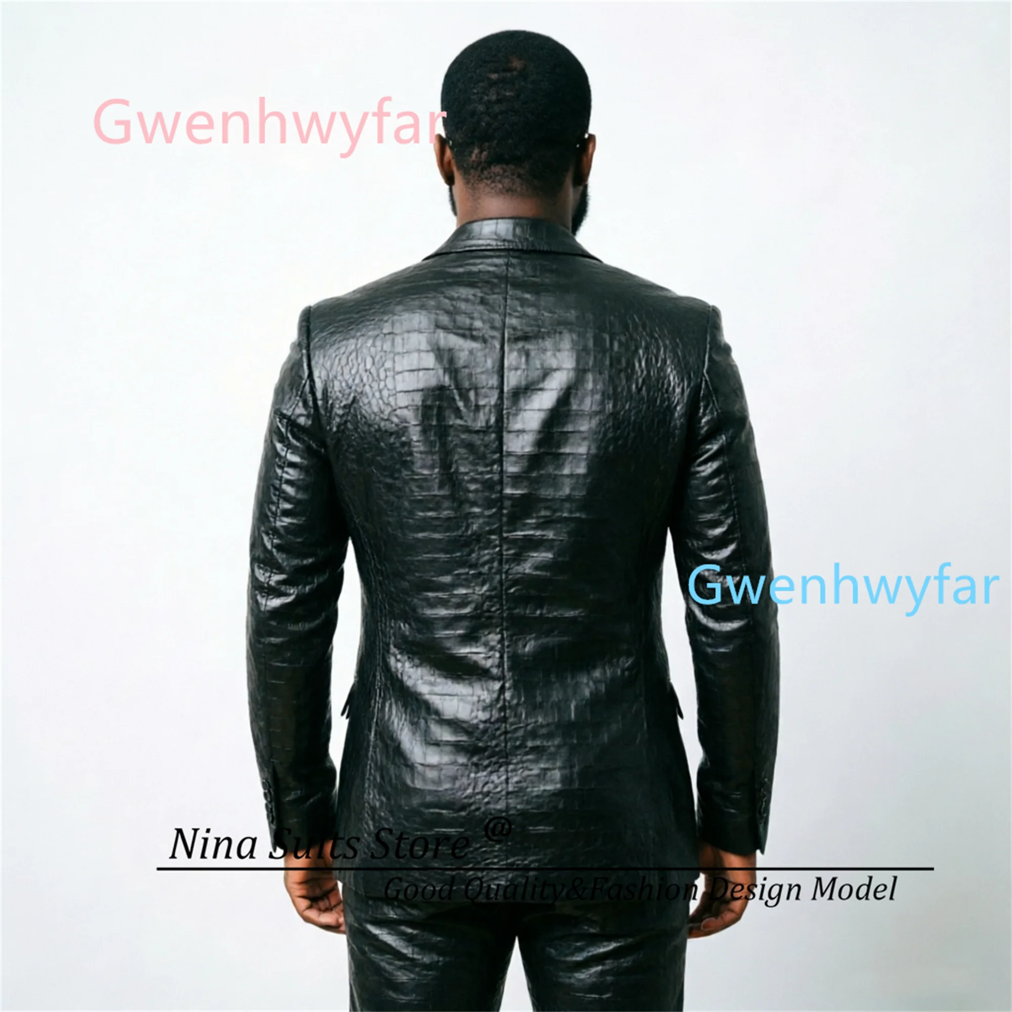 Gwenhwyfar 2026 Fashion Suit 2-piece Cool Men's Party Set Double Breasted Black Crocodile Embossed Coat with Pants Customizable