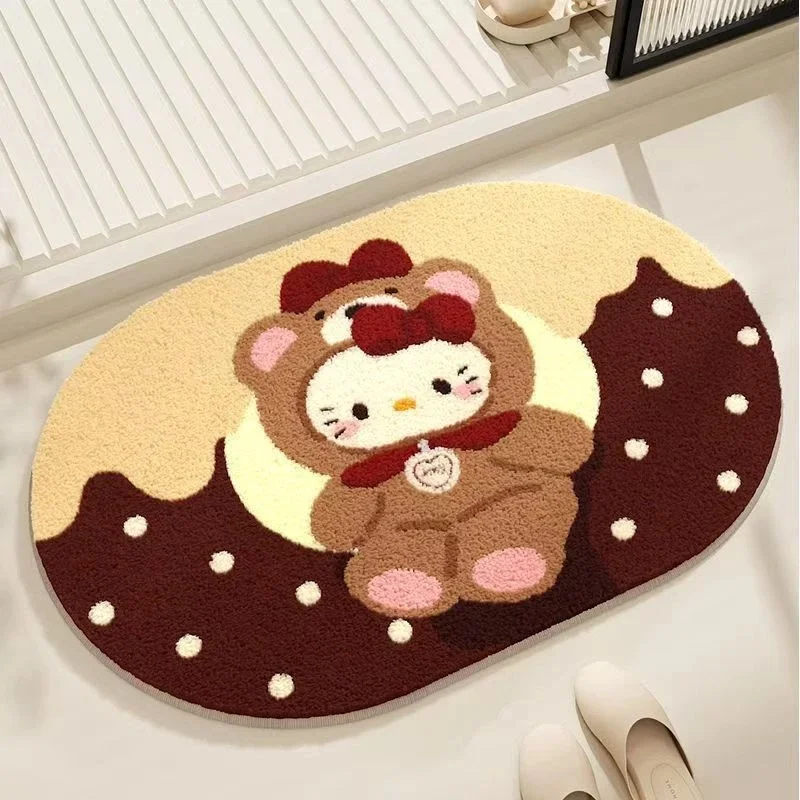 Y2K athroom Door Mat Oval Hello Kitty Hug Teddy Bear Faux Cashmere Non‑Slip Home Bath Rug
