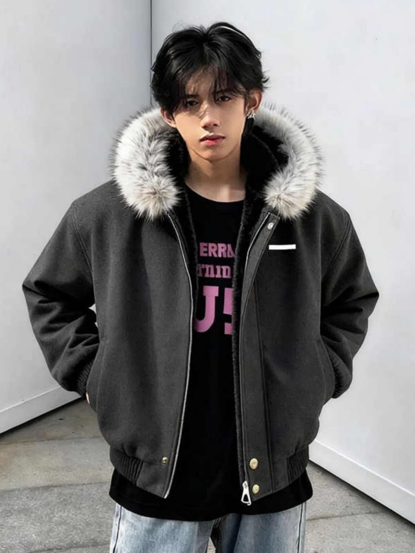 

Retro American Sle Men's Cotton Jaet with Fur Collar ort Length Hooded Warm Winter Coat Youth Faion Casual Wear