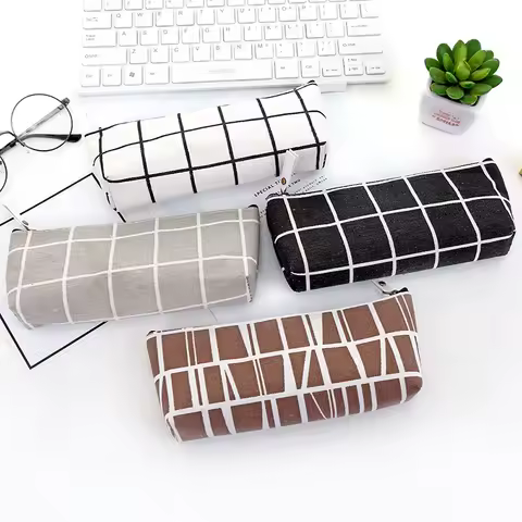 Canvas Geometric Pencil Case School Simple Striped Grid Solid Color Cute Kawaii Pencil Bag Pouch Office Students Kids Supplies