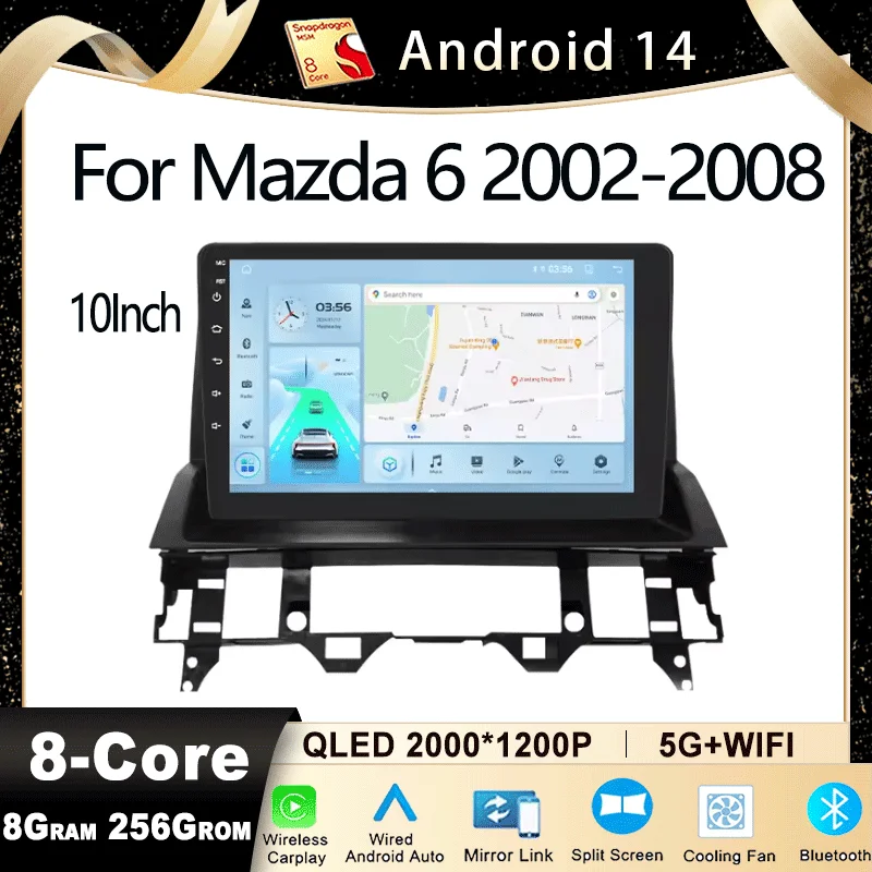 10 Inch For Mazda 6 2002-2008 Multimedia Car Player Navigation GPS Radio Carplay Android Auto QLED Sreen 360 Camera Android 14