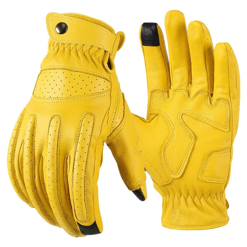 Retro Motorcycle Gloves Real Leather Full Finger Black Yellow Men Women Protective Gear Motorbike Glove Touch Screen Guante Moto - Image 6