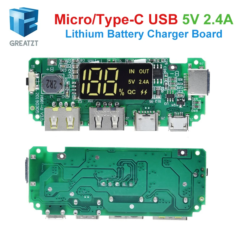 LED Dual USB 5V 2.4A Micro/Type-C USB Mobile Power Bank 18650 Charging Module Lithium Battery Charger Board Circuit Protection