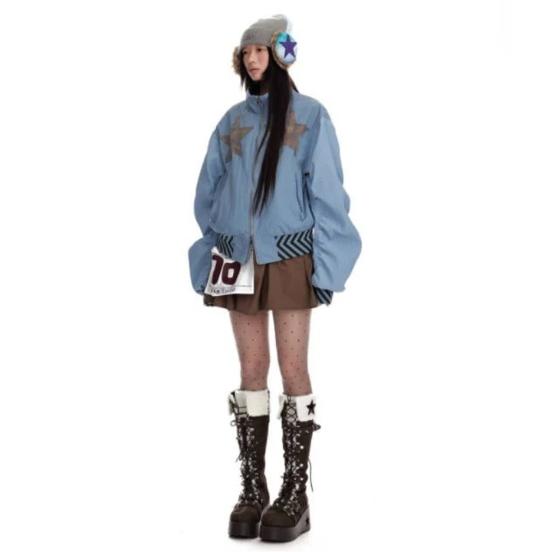 

Верхняя одежда с воротником-стойкой и звездным узором, полосатая верхняя одежда с длинными рукавами Y2k, повседневное свободное шерстяное пальто с двойной молнией и карманом в стиле ретро, осень