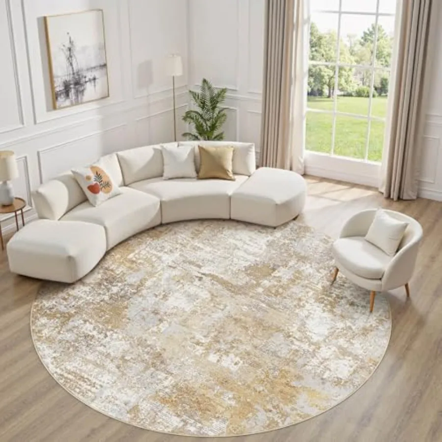 

Washable 8' Round Area Rug for Living Room: Modern Abstract Neutral Large So' Thin Rugs Non Slip Indoor Carpet for Bedroom Dini