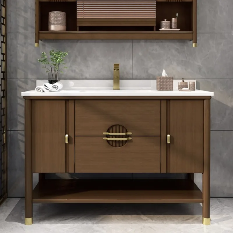 モダンな新しい中国風バスルーム用オーク材製浴室キャビネット、無垢材製洗面台付き