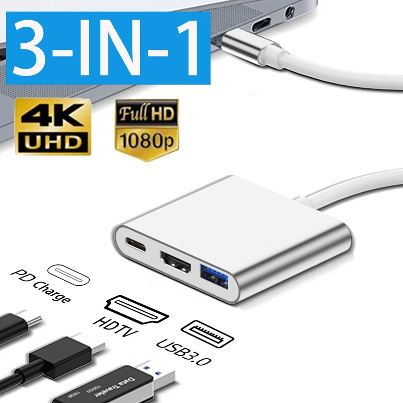 

3 In 1 Usb-C Usb Hub Male To Female Hdmi 4K 30Hz Docking Station Type-C To Usb 3.0 PD Charging Adapter For Macbook Air Converte