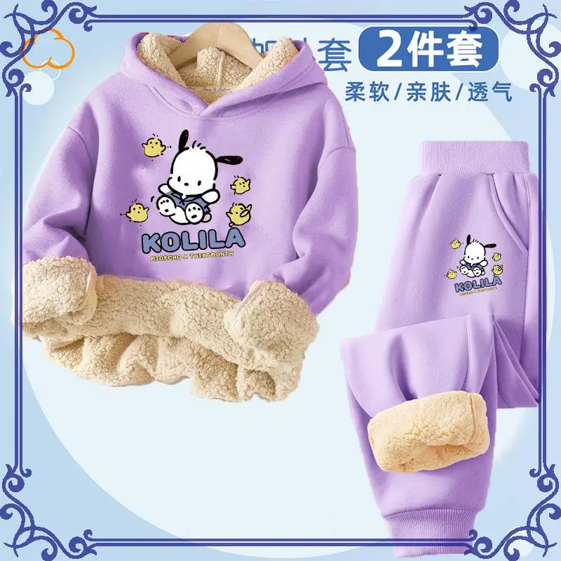 حار سانريو فتاة Scasualweatsuit Pochacco Kawaii أنيمي الشتاء طالب Keepwarm 2 قطعة مجموعة مريحة سماعة ملابس الأطفال جديد #6