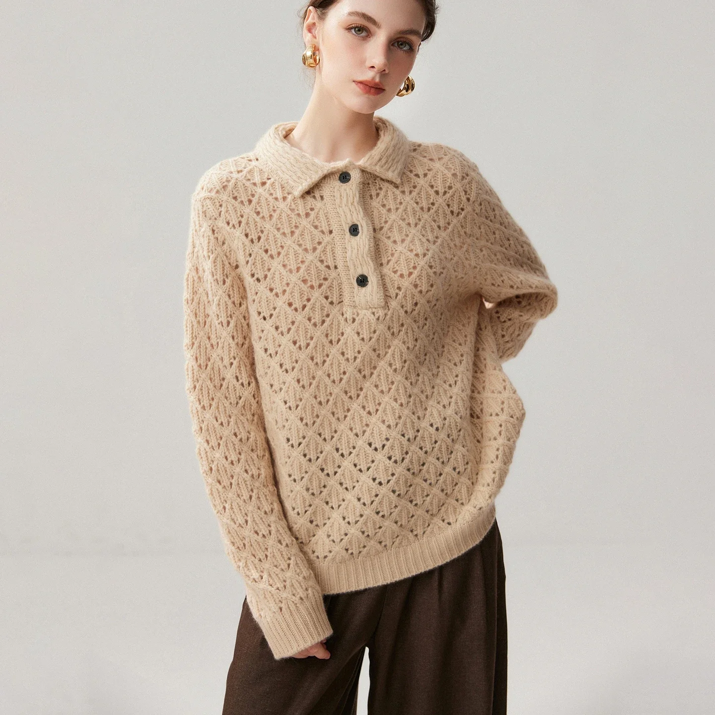 Tcyeek Heavyweight Luxury Clothes Autumn Winter Sweater Women's Pullover 100% Cashmere Knitwear Lapel Cut Out 3D Diamond Shaped