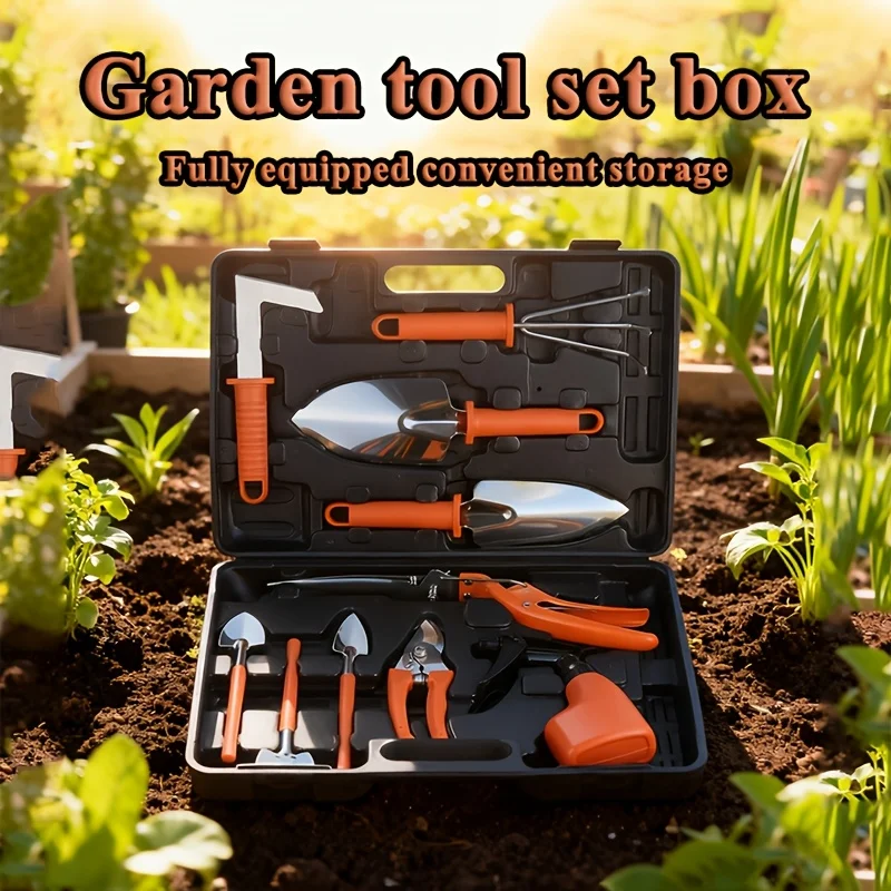 Multifunctional Home Gardening Tool Set Ergonomic Handle Stainless Steel Shovel Pruning Shear Rake Spray Bottle with Storage Box