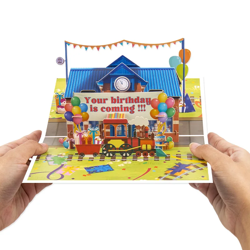 

2Pcs Creative 3D Pop-Up Birthday Card Handmade Paper-Cut Birthday Train Station Greeting Card Business Kid Gift Tourist Postcard