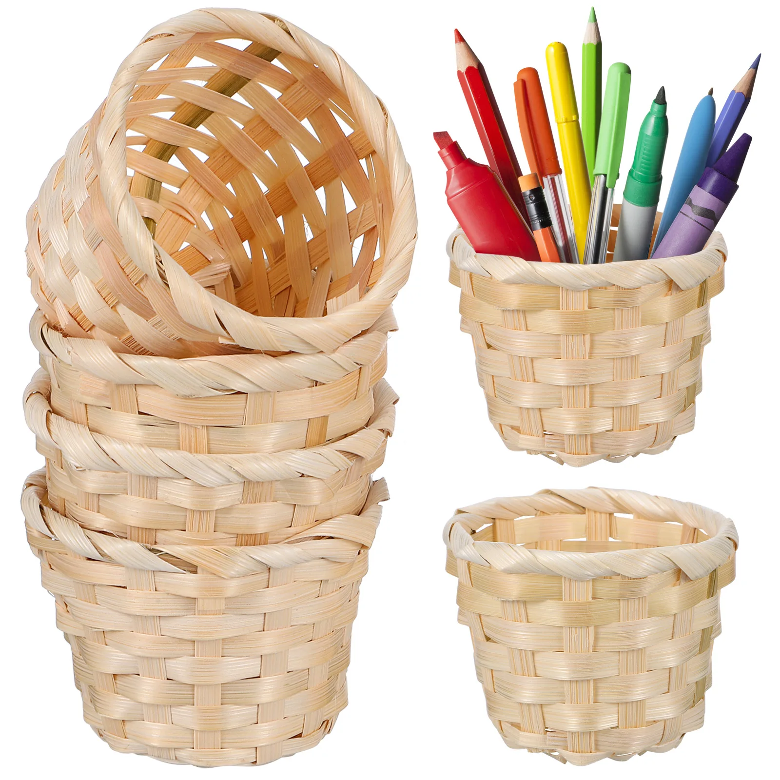 

6 Pcs Bamboo Wood Woven Baskets Small Desk Storage Home Decor Handmade Craft Containers