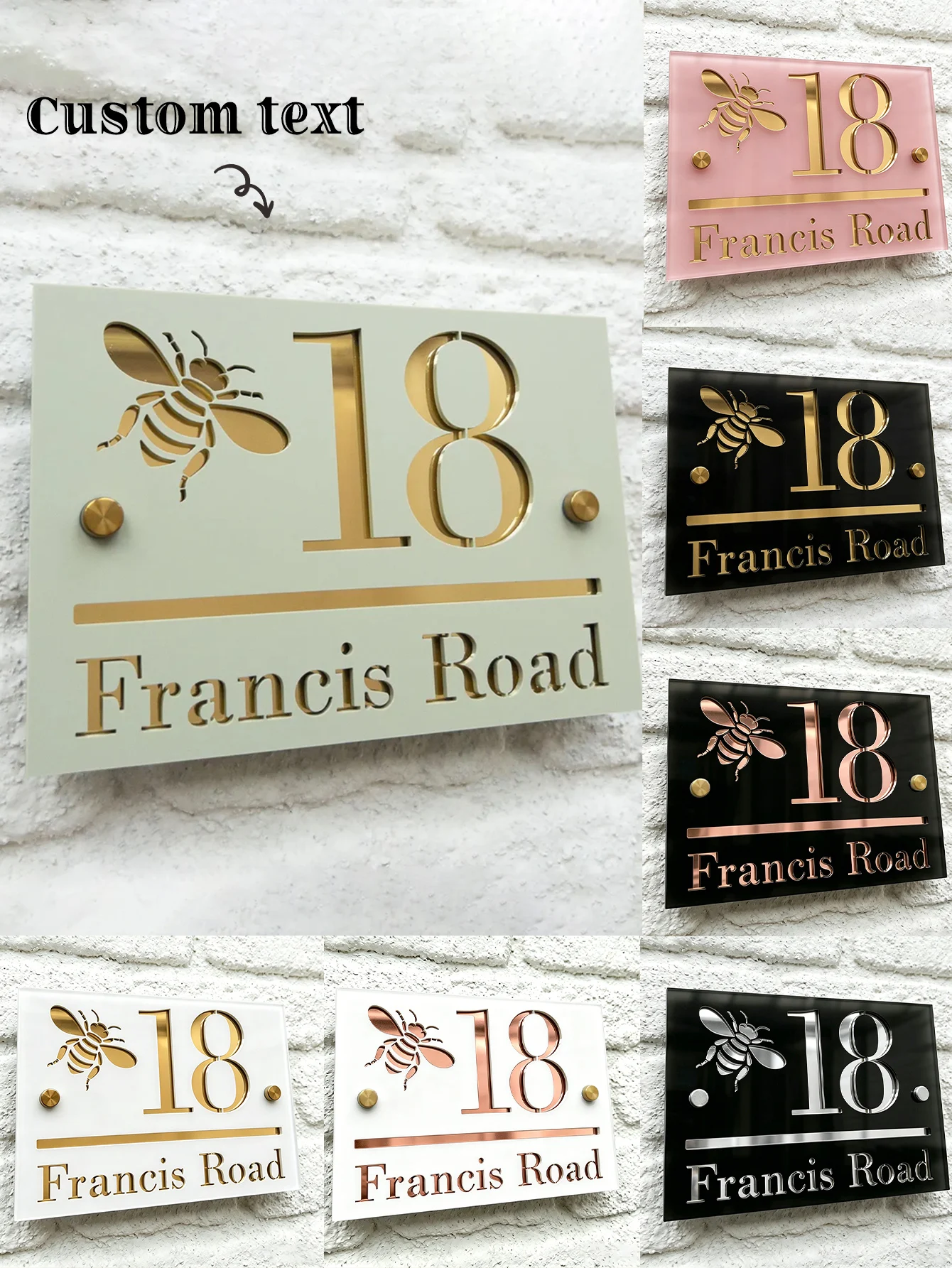 Personalized Door Sign Mirror, with Bee Shape and Stand, Housewarming Gift, Address Sign, First Home, House Number, Laser-Cut Matte Dark Gray, Text with Various Mirror Effects, Floating Door Sign, House Number, Custom