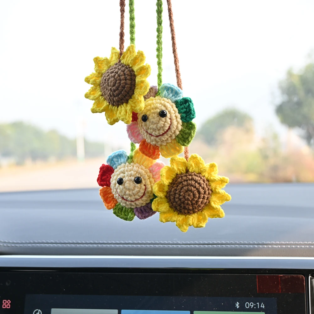1pcs Fabric Ornaments,Hand-Crocheted Sunflower Pendant,Car Interior Rearview Mirror Accessory,Cute Gift Idea,Home Hanging Decor.
