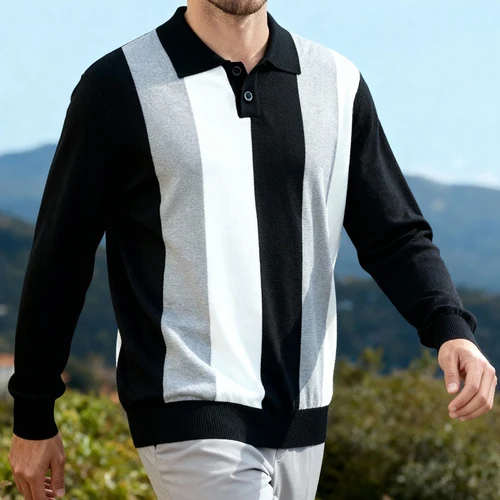 Imagen 2 del producto Suéter de punto de negocios para hombre, Polo informal clásico a rayas verticales, camisa con cuello de solapa, suéter con botones para hombre
