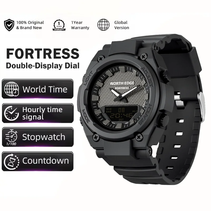 NORTH EDGE FORTRESS 2026 Men's Military Digital Watch Outdoor Sports Waterproof 50M Watches World Time Countdown LED Wristwatch