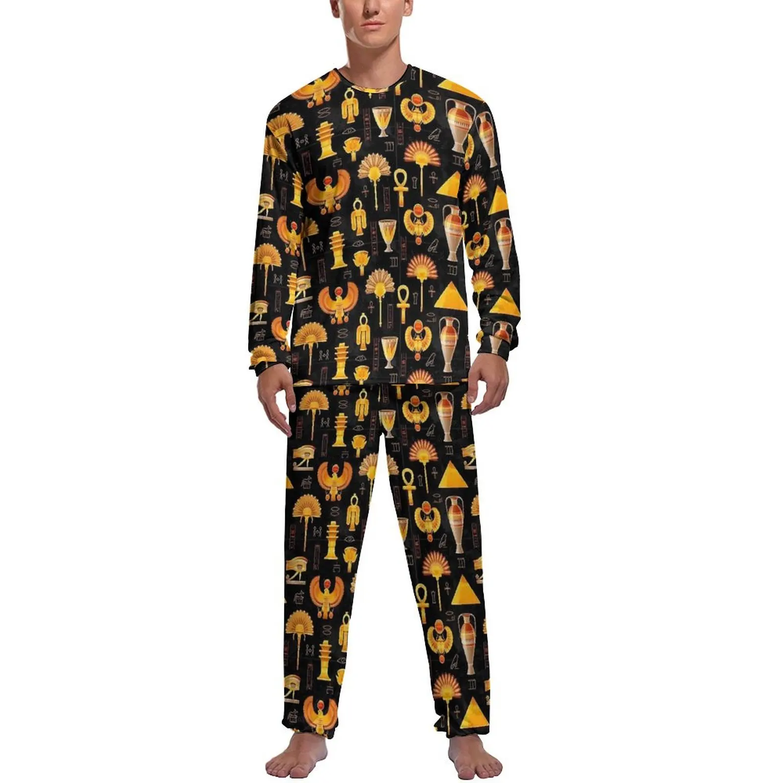 Ancient Egyptian Art Pajamas Autumn 2 Piece  Cute Pajama Sets Man Long Sleeve Room Graphic Sleepwear