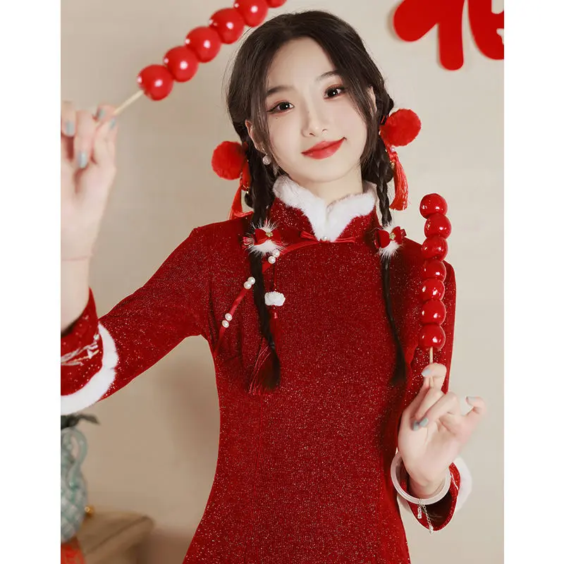 2023 Red Cheongsam Modern Chinese Dress for Girls New Year A-line Dress Women Qipao Traditional Chinese Improved Cheongsam Dress