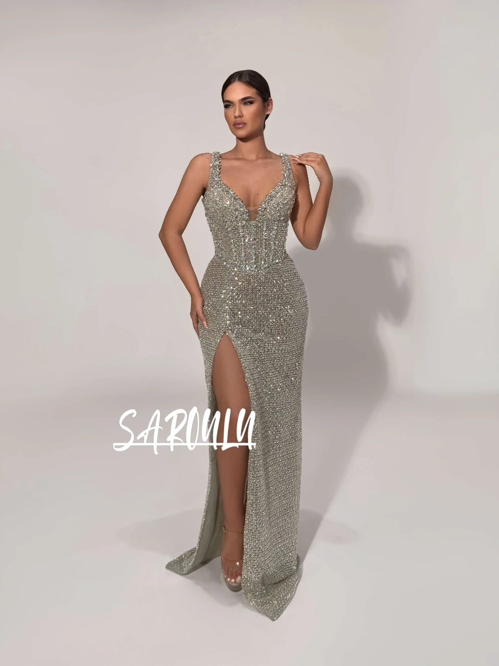 

Elegant Chic Silver Shiny Prom Dress Sexy Spaghetti Strap Plunging V Neck High Slit Mermaid Evening Gala Gown Customized