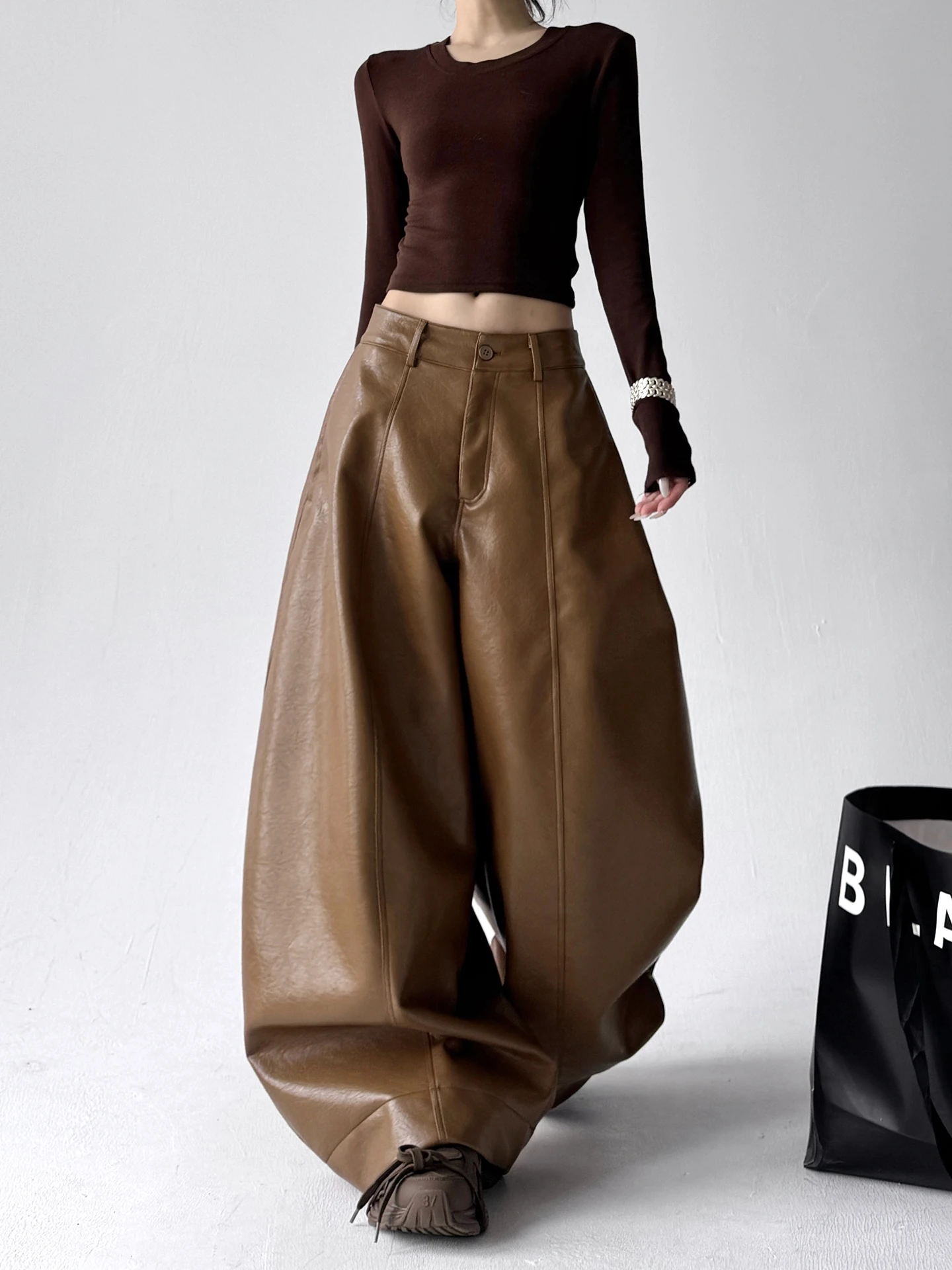 Trendy High Waist PU Leather Casual Pants Women's Original Design Autumn Winter New Sle Slimming Loose Wide Leg Pants