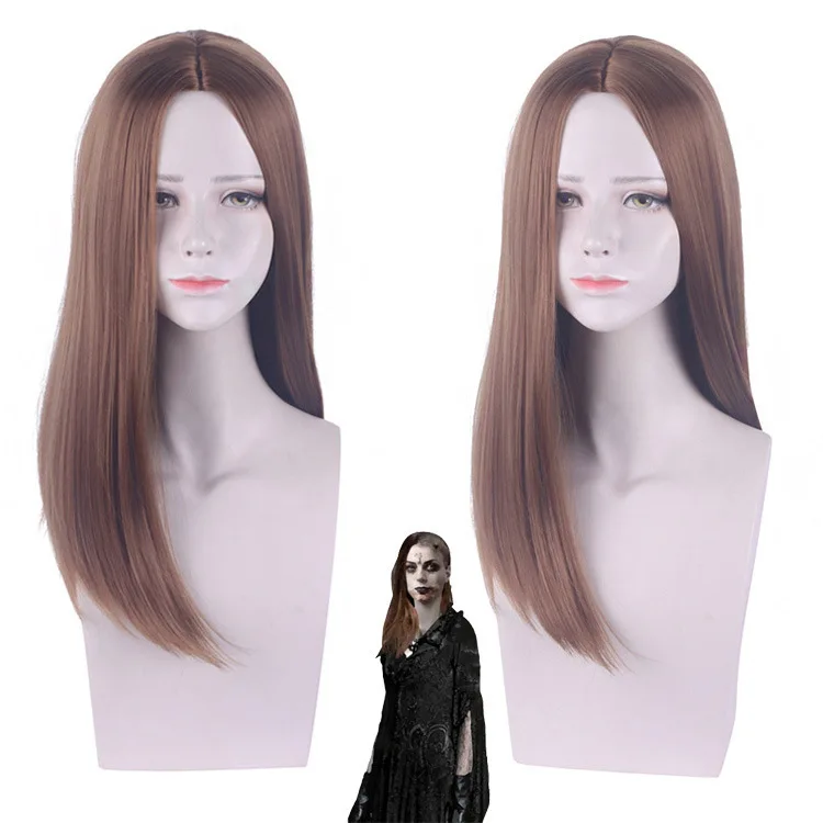 Peluca sintética ondulada larga para mujer, disfraz negro y marrón, pelo de fiesta para Cosplay, resistente al calor, vestido elegante de Halloween, flequillo lateral