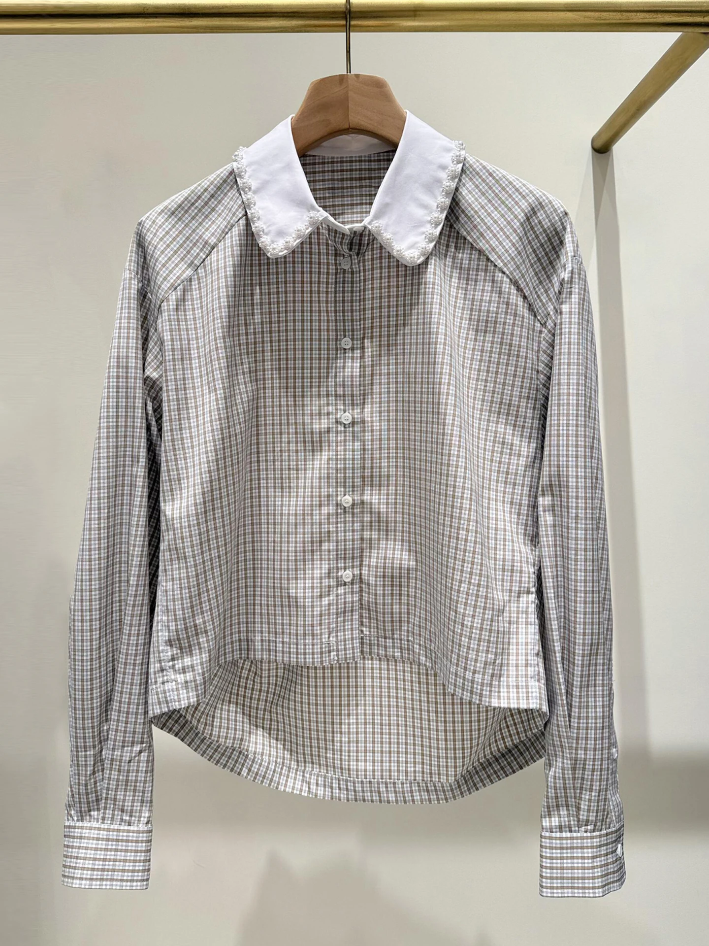 

Ele Plaid irt with Pearl Embelliment And Doll Collar Autumn Winter College Sle Women's Top Simple Commute Sle Loo...