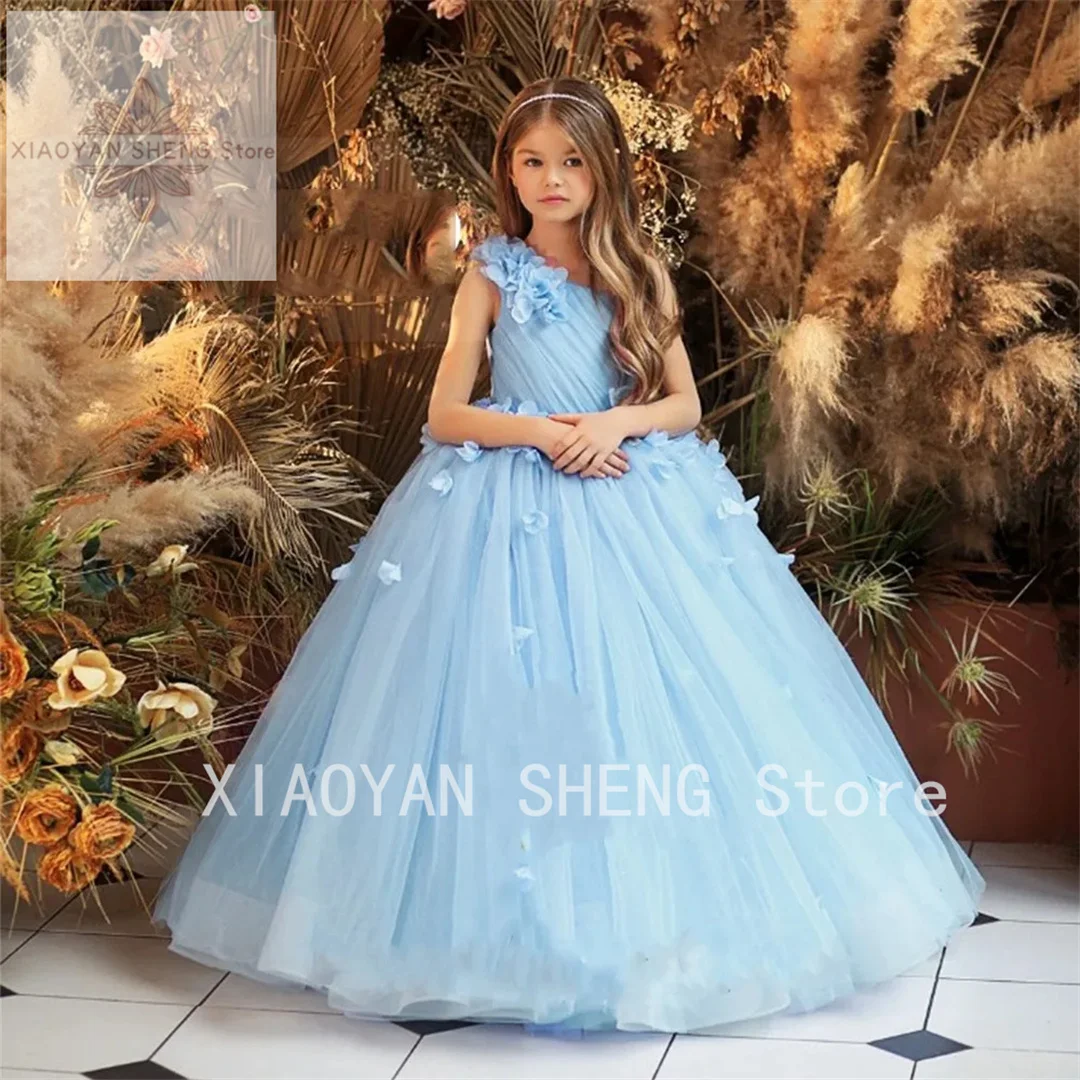 Flower Girl Dresses One Shoulder A Line Organza Winter Flower Sleeveless Christmas Gown with Pleat Princess Custom Formal Wear