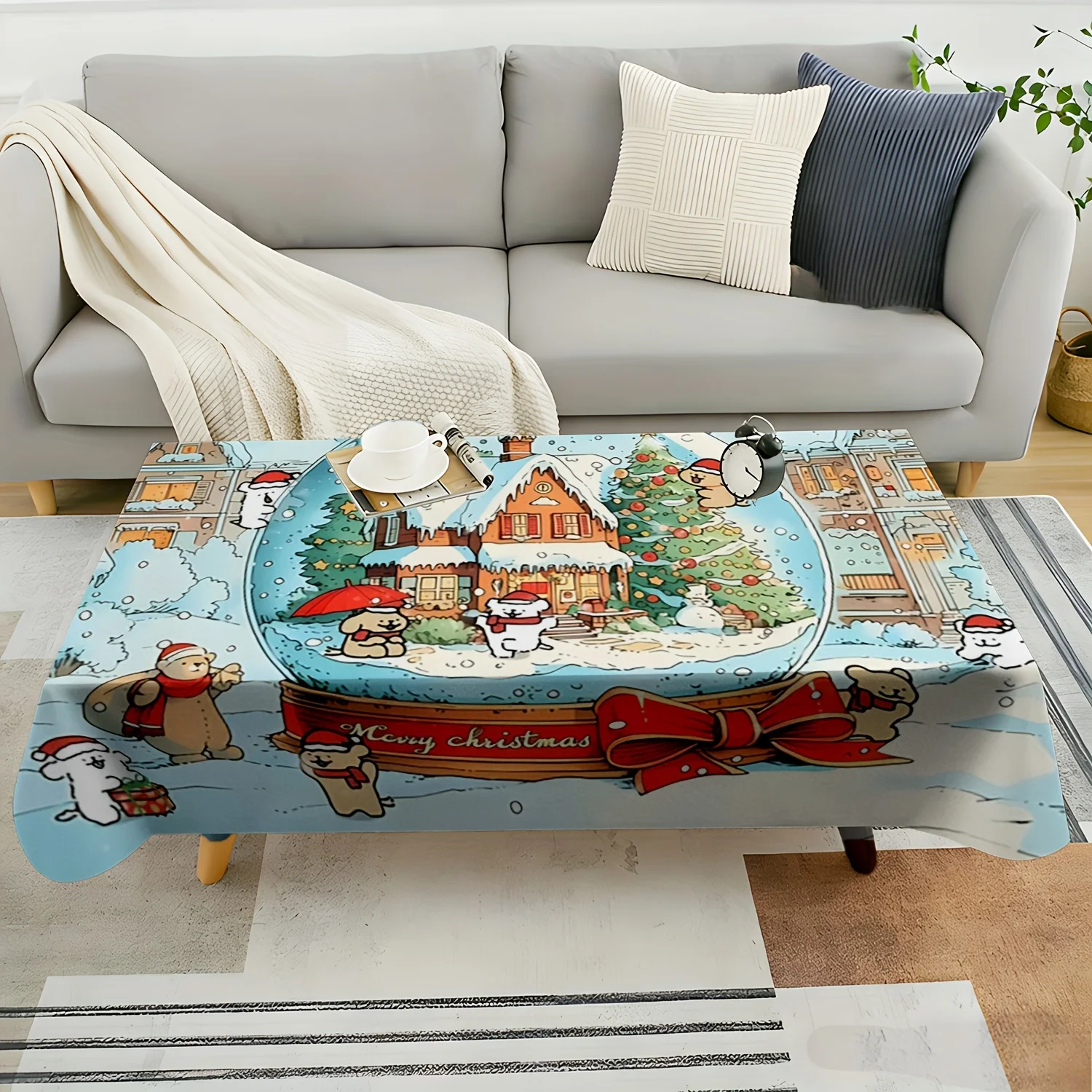 Cartoon Bear Snow Globe Xmas Tablecloth, Soft Rectangular Washable Table Cover for Daily Dining & Family Holiday Gathering Decor