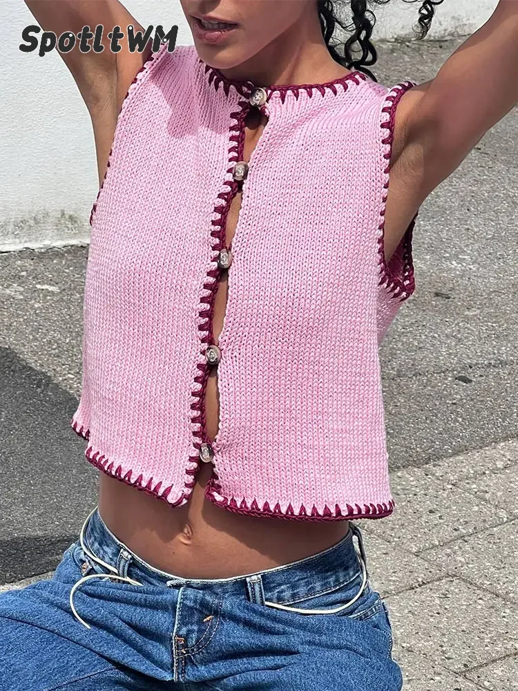 

Женский трикотажный жилет без рукавов, повседневная цветная ажурная куртка на пуговицах с круглым вырезом, модный Осенний жилет для женщин