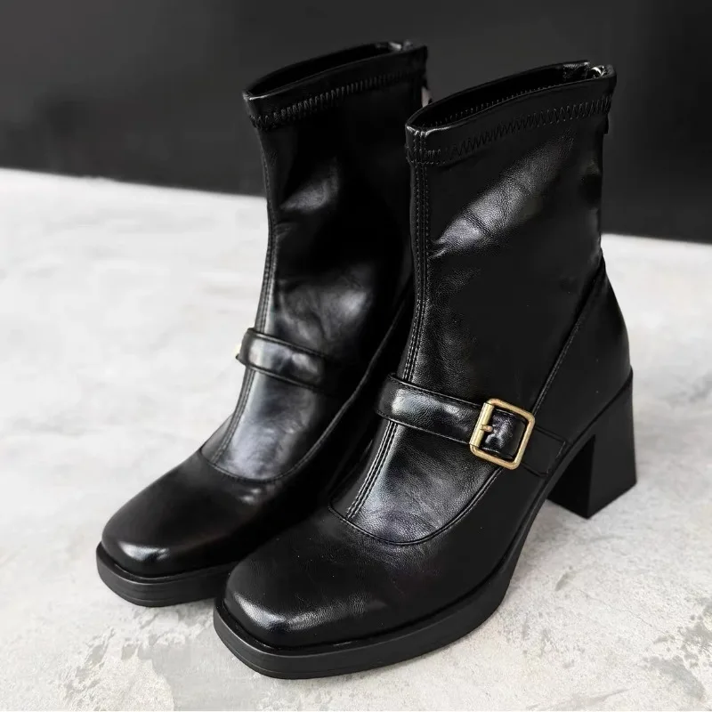Fashion Skinny Back Zip Mid-leg Boots Square Toe Metal Buckle Waterproof Block Heel Shoes for Women