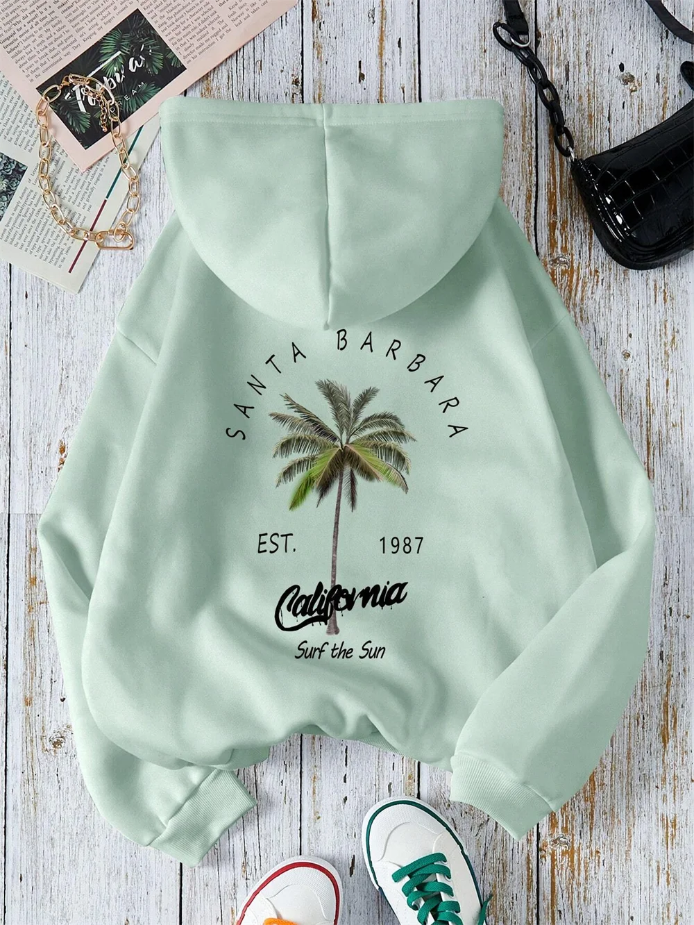 Essnce Coconut Tree Letter Graphic Kangaroo Pocket Drawstring Thermal Women Hoodie SANTA BARBARA EST California Surf The Sun