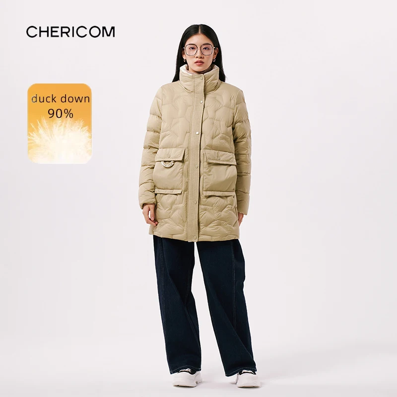 Piumino da donna Chericom Casual Eleganza Colletto rialzato 2025 Nuova silhouette spaziosa Tasche grandi Cappotti leggeri Y299062Y