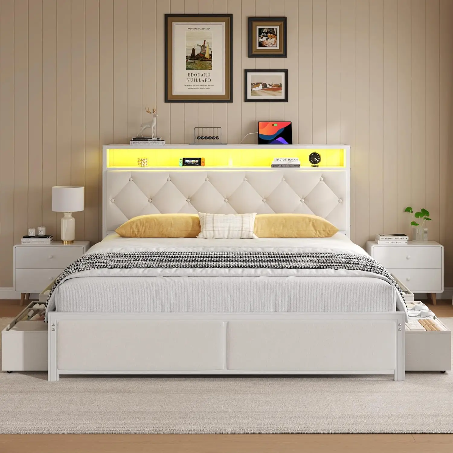 Base de Cama Queen con Cabecera, Cajones de Almacenamiento, Estación de Carga Rápida, Luces LED, Base de Cama Tamaño Queen, Personalizable