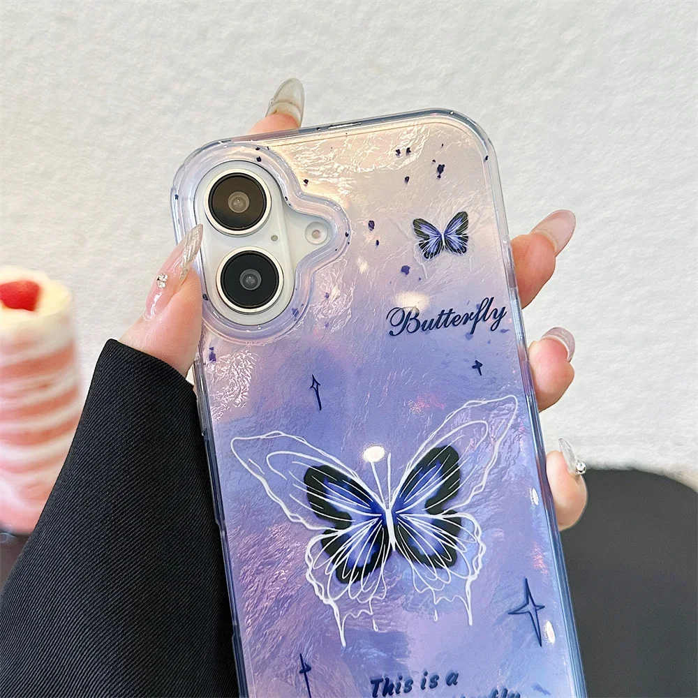 For iPhone 16 Pro Max Cartoon Purple Butterfly Case For iPhone 12 13 14 15 16 Pro Max 11 Aurora Laser Soft PC Shockpoof Cover