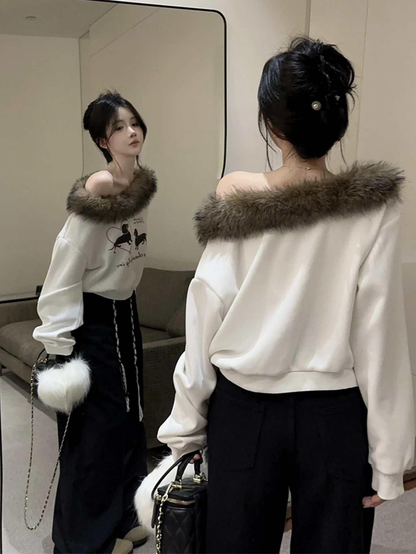 American Sle Hot Girl Dog Print Assimétrico oulder Bared Sweatshirt Feminino Outono Inverno Design Gola de Pele Destacável S...