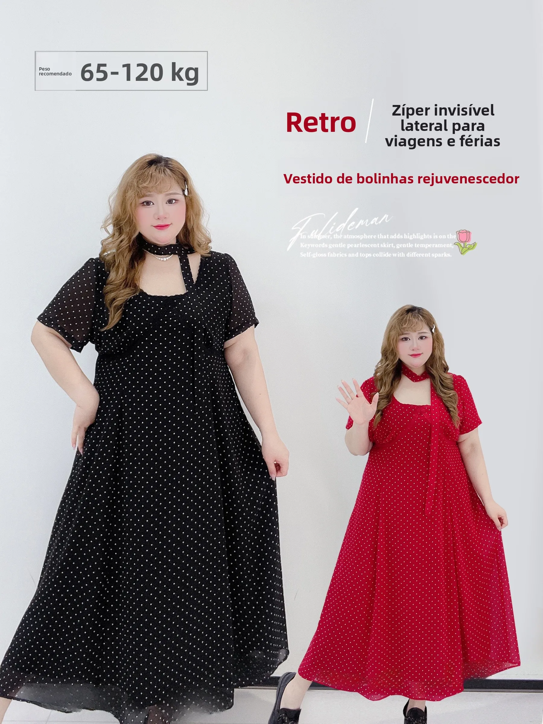 vacation-atmosphere-plus-size-women's-dress-polka-dot-sash-waist-cinching-big-mm-fishing-series-a-line-long-skirt