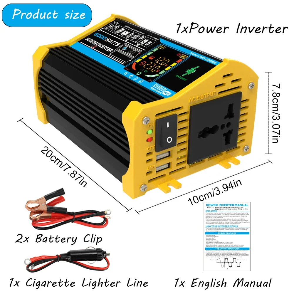 4000/6000W Inverter 12v 220v 110v Modified Sine Wave Car Power Inverter Transformer Convert LCD Display Vehicle Inverter 2USB