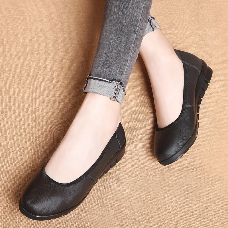 BEYARNEClassic Black Ballet Flats Shoes Women Genuine Leather Small Wedges Low Heel Shallow Comfortable Work ShoesWomanE111