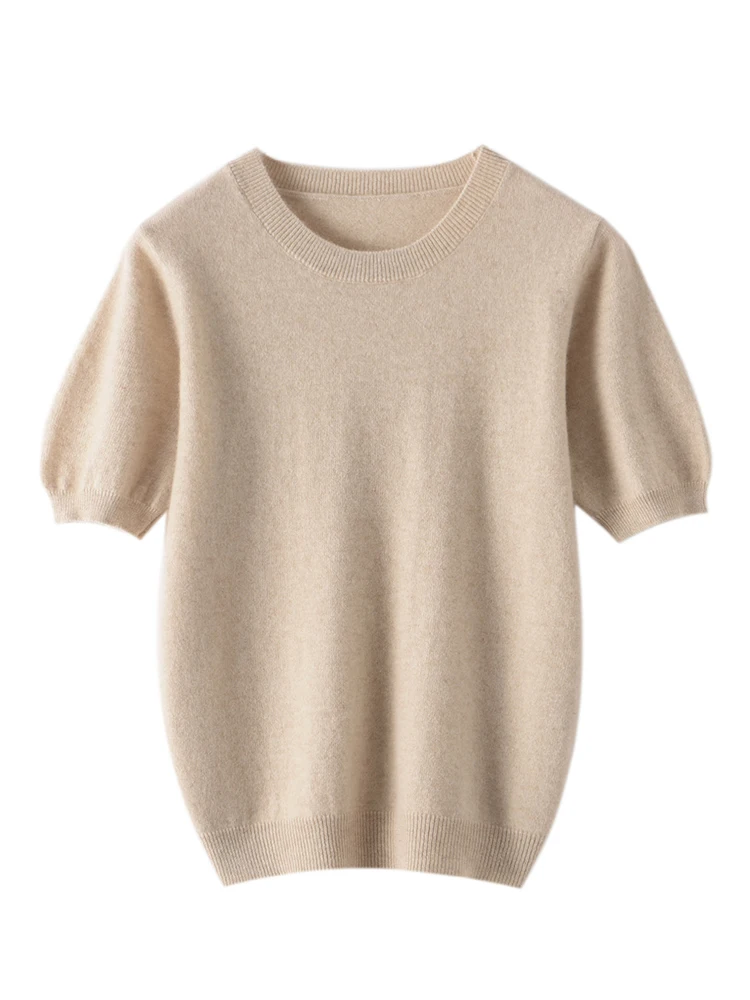 Women Cashmere T-shirt O-neck Short Sleeve Pullover Sweater For Spring Summer 100% Cashmere Knitwear Female Basic Clothing