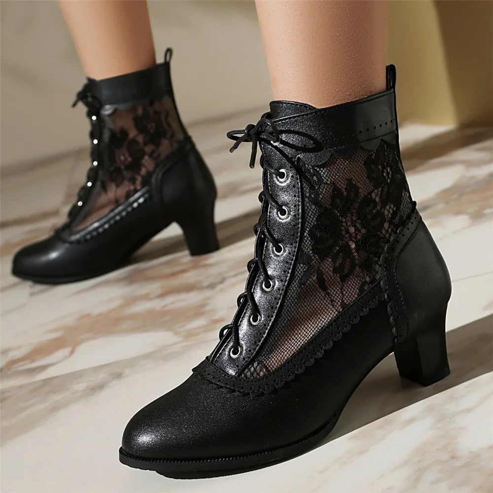 Women Victorian Ankle Boots Leather Lace Hollow Mesh Heel Shoes for women Fashion Lace-up Spliced Ladies High Heels Woman Boots