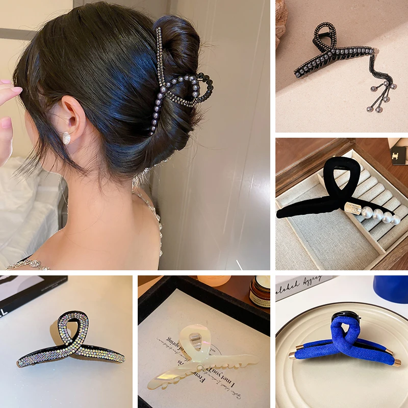 

Black Rhinestones Imitation Cross Pearl Tassel Acrylic Hair Claws for Women Updo Shark Clips Elegant Versatile Head Accessories