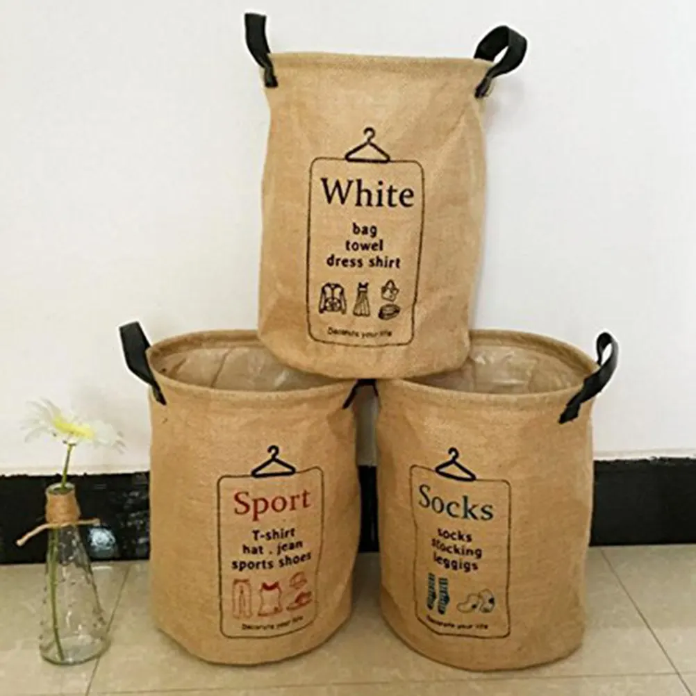 Jute Blend Foldable Laundry Basket Storage Organizer for Clothes Towels Linens Two Compartment Design Home Cleaning Helper