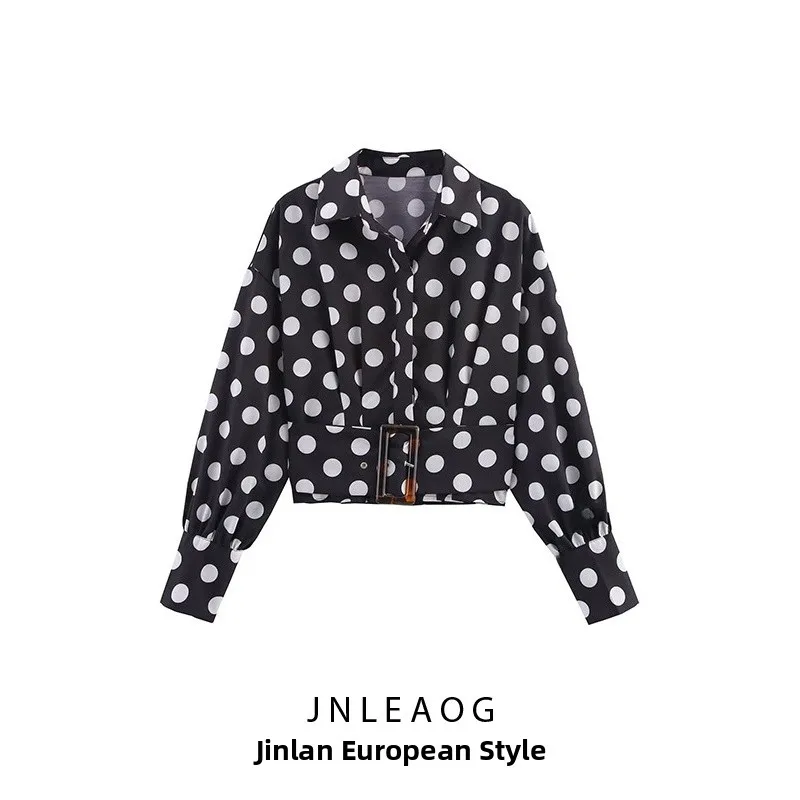 

JNLEAOG Autumn New Polka Dot Waist-Cinching Commuter Sle Women's irt Loose Fit Long Sve Collar Polyester Fiber