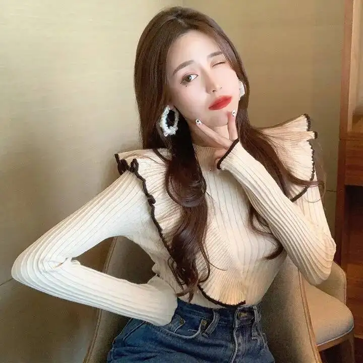 

New Western Style Interior With Ruffle Edge Slim Fit Base For Women Internet Famous College Style Thick Short Sweater