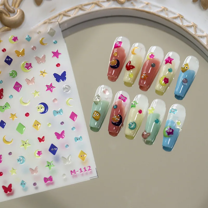 Fantasy Jelly Design Moon Star Butterfly Cute Square 5D Embossed Reliefs Self Adhesive Nail Art Stickers Cartoon Manicure Decals