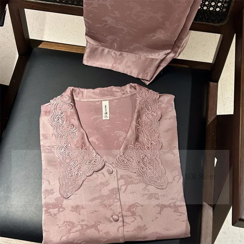 

Женская мягкая пижама De Mujer, брючный костюм с длинными рукавами, роскошный жаккардовый пижамный костюм из ледяного шелка, ночная рубашка, осенне-весенняя домашняя одежда